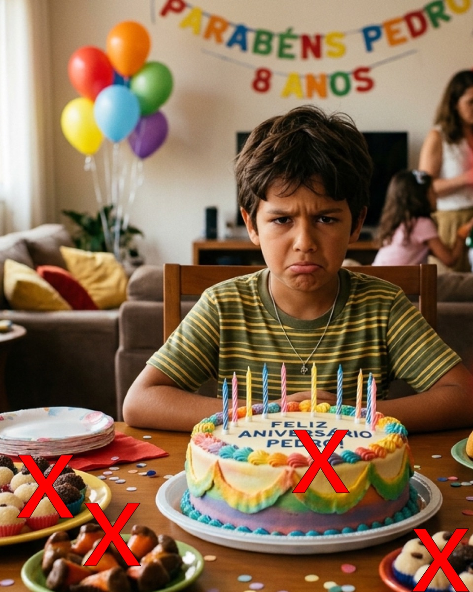 Criança em festa de aniversário diante de uma mesa com alimentos sinalizados como proibidos por alergia alimentar